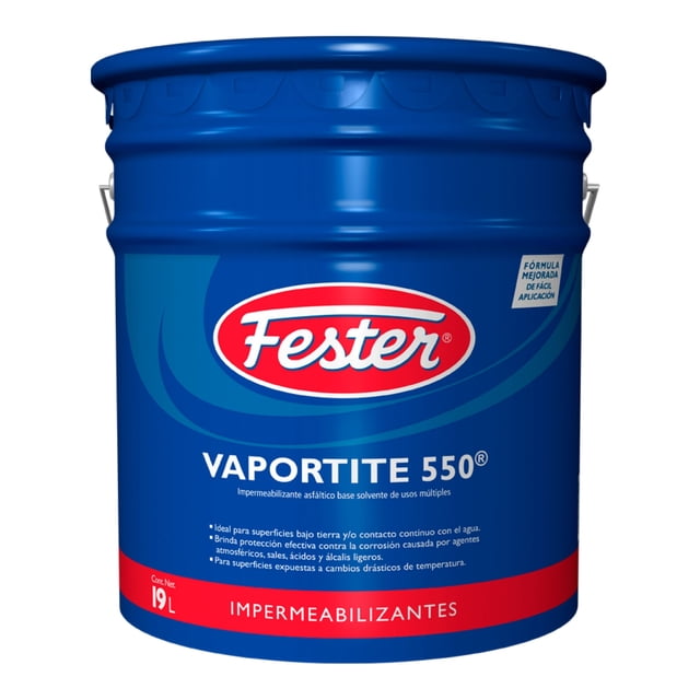 impermeabilizante asfáltico base solvente de usos múltiples fester vaportite 550 19 l cubeta azul con logo Fester y texto VAPORTITE 550; recubrimiento acrílico de 19 L que funciona como barrera de vapor e impermeabilizante, aplicación con brocha, rodillo o aspersión, ideal para techos, naves industriales y cámaras frigoríficas; también suele usarse para sellar bodegas o almacenes pequeños.