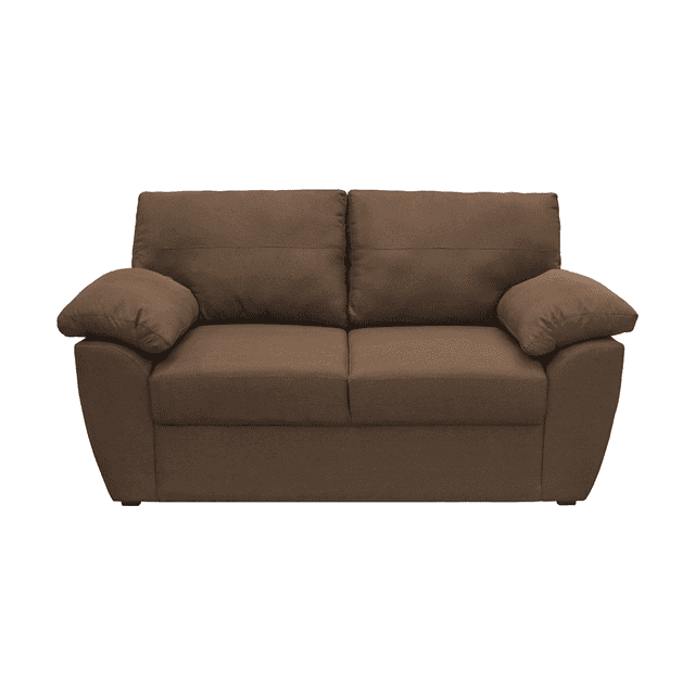 sofá love seat sefora, 2 plazas, atlas del descanso color café vista frontal centrada de sofá Sefora color café con tapizado en tela linato; asiento dividido en dos cojines, respaldos altos con costura horizontal, brazos con almohada y asientos amplios rellenos de espuma de alta densidad, patas cortas y fondo blanco. Suele usarse en salas pequeñas y para recibir visitas.