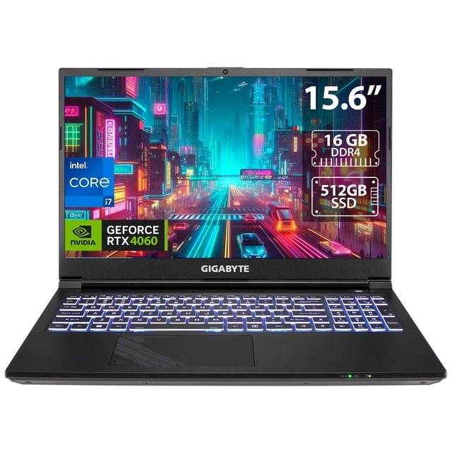 laptop gamer gigabyte g5 intel core i7 ram 16gb ssd 512gb 15.6 rtx 4060 w11h vista frontal abierta de la GIGABYTE G5 con pantalla LED de 15.6" que muestra gráficos neón, teclado con retroiluminación blanca y logotipo GIGABYTE en el bisel; en pantalla visibles rótulos de Intel Core i7, GeForce RTX 4060, 16GB DDR4 y 512GB SSD, sistema Windows 11 Home. También suele usarse como estación de trabajo móvil para edición y streaming.