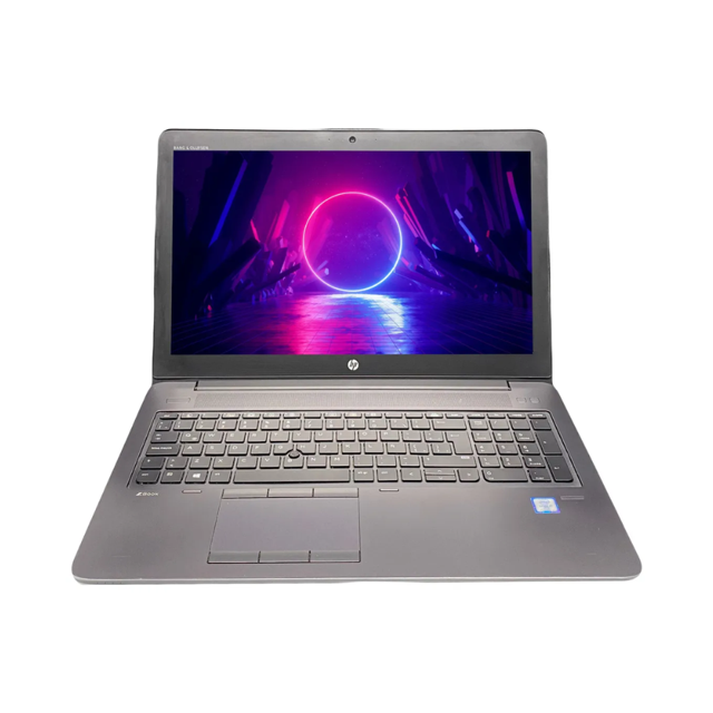 laptop hp zbook 15 g3 reacondicionado con Intel Core i7-6, 8GB de RAM y 256GB SSD; pantalla antirreflejo de 15.6 pulgadas, vista frontal 3/4 abierta que muestra teclado completo, trackpad con botones físicos y carcasa negra con logo HP en el bisel.
