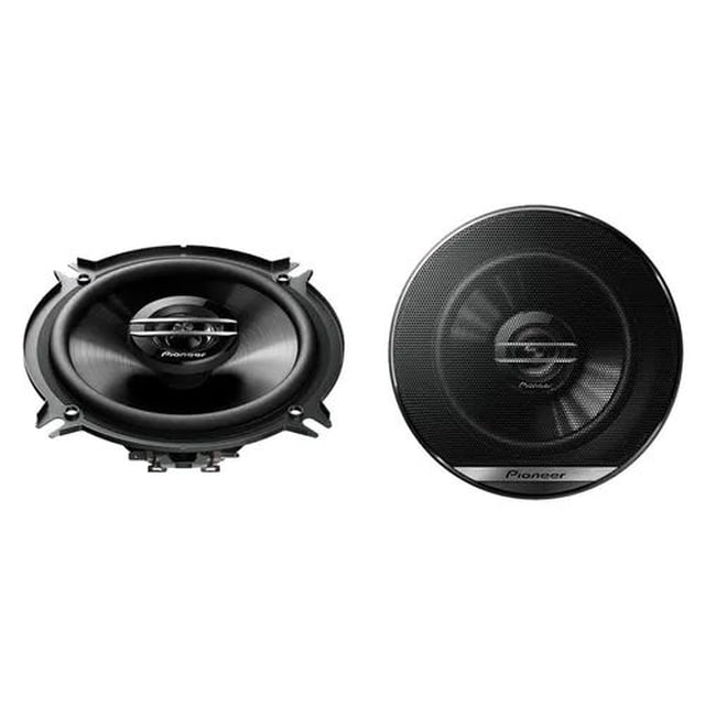 bocinas para auto pioneer 5 1/4 pulgadas 250w 2 vías ts-g1320f Par de bocinas coaxiales negras 5 1/4" en vista frontal y con parrilla; cono central con tweeter montado en puente, rejilla metálica con logo Pioneer; bobina de cobre y Kapton, imán Y35 y tecnología Restaurador de Sonido Avanzado según especificaciones; aptas para instalación en puertas de auto.