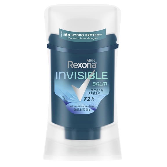 Antitranspirante en Barra Rexona Men Invisible Balm Ocean Fresh, 72 h de protección contra el sudor y el mal olor fórmula a base de agua con tecnología 6X Hydro Protect* 41 g
