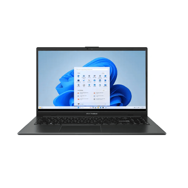 asus vivobook go 15 laptop 15.6” fhd amd ryzen 5 8gb ram 512gb ssd windows 11 amd radeon wifi bluetooth — Vista frontal centrada de la laptop negra de 15.6 pulgadas FHD mostrando Windows 11; teclado y touchpad visibles, cámara web en el bisel superior y chasis delgado y portátil, ideal para estudio, videoconferencias y productividad móvil.