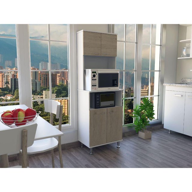 mueble alacena excelsior madera 4 puertas blanco duna: alacena vertical frontal con 4 puertas y módulo para microondas en melamina MDP color blanco con frentes duna; manijas y patas metálicas a la vista, estante abierto para electrodomésticos, medidas 160 x 54 x 35 cm, adecuada para cocina o despensa compacta.