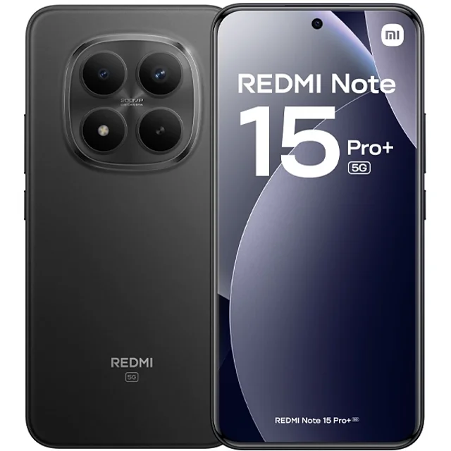 smartphone celular xiaomi redmi note 15 pro plus 5g 8gb ram + 256gb rom 6500 mah nuevo liberado Vista frontal con pantalla AMOLED 6.83" 120Hz perforada y Gorilla Glass Victus 2; reverso negro con módulo circular que muestra cámara dual 200MP + 8MP, lector de huellas bajo pantalla, resistencia IP68/IP69K y carga rápida 100W, adecuado para fotografía de alta resolución y consumo multimedia.