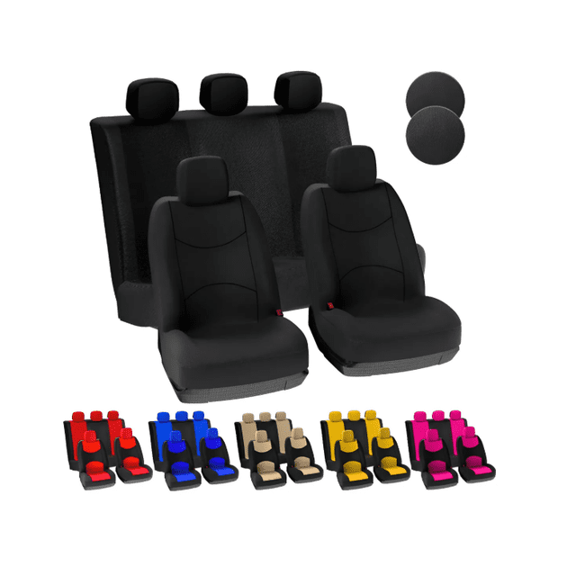 funda para asiento automóvil 10 piezas color negro funda semipersonalizada para asientos tipo butaca con 2 cubreasientos delanteros, respaldo y asiento trasero de triple fila, 5 fundas de reposacabezas y accesorio aleatorio; vista frontal centrada, tejido negro liso que cubre completamente los asientos con ajuste para reposacabezas extraíbles; instalación y desmontaje rápidos según instrucciones; a menudo usada también para renovar asientos viejos en viajes cortos.