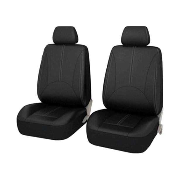 protector universal para minivan fundas de cuero pu antideslizantes duraderas lujosas clásicas negro 4 piezas sunnimix — par de fundas delanteras negras de cuero PU con respaldos y cubre reposacabezas, vista frontal 3/4, costuras verticales y arqueadas visibles, orificios reservados para anclaje, ajuste universal para autos, SUV y camionetas; instalación sencilla según instrucciones; también adecuadas para proteger asientos durante transporte.