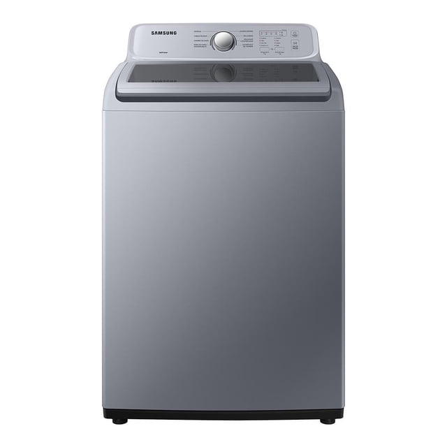 lavadora samsung 20 kg gris lavadora de carga superior en color plata vista frontal, tapa con ventana oscura y panel frontal con perilla y botones para 8 ciclos y 4 niveles de temperatura; capacidad 20 kg, tina con diseño diamante y seguro para niños; ideal para lavar ropa de cama y prendas voluminosas por su alta capacidad.
