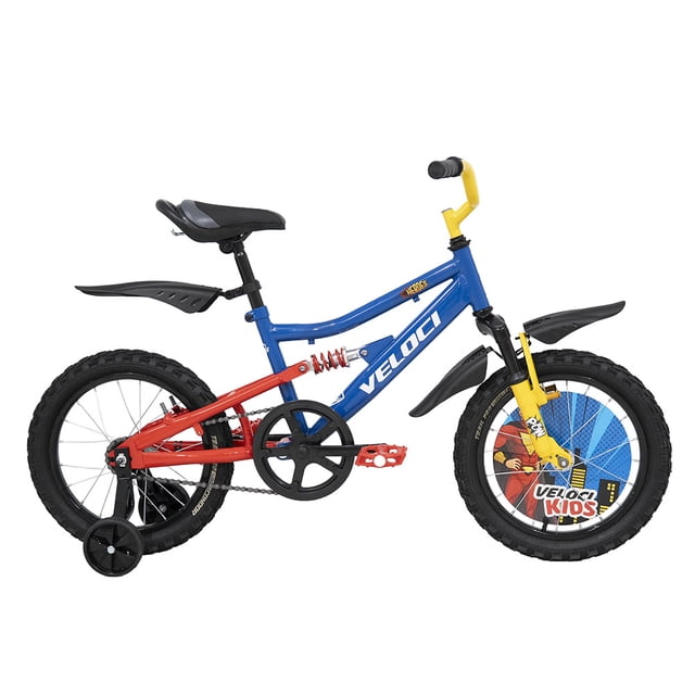 bicicleta veloci heroes rodada 16 azul infantil bicicleta infantil R16 con cuadro de acero Hi-Ten azul, suspensión trasera visible y horquilla delantera amarilla, guardabarros negros, llantas MTB R16x2.125 con rines de acero, ruedas de entrenamiento instaladas y cubrecadenas de plástico; asiento infantil negro, adecuada para aprender equilibrio en exteriores.