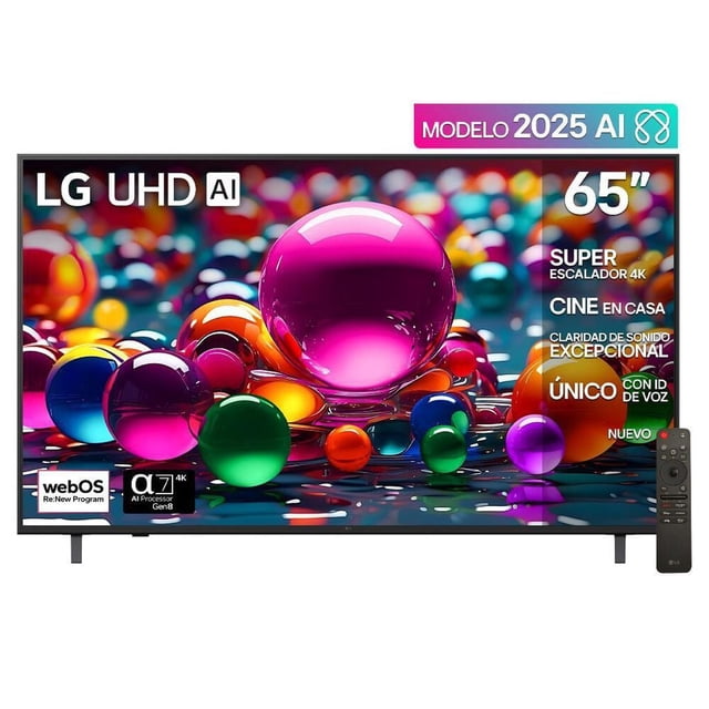 pantalla smart tv lg 65 pulgadas uhd ai 65ua8050 4k smart tv frontal centrada con peana de dos patas, imagen de esferas multicolores en alta resolución que ilustra HDR10 Pro y superescalador 4K; rótulos muestran Alpha 7 4K AI Gen8 y a la derecha aparece el AI Magic Remote con botón de IA; también adecuada para centros multimedia de sala.