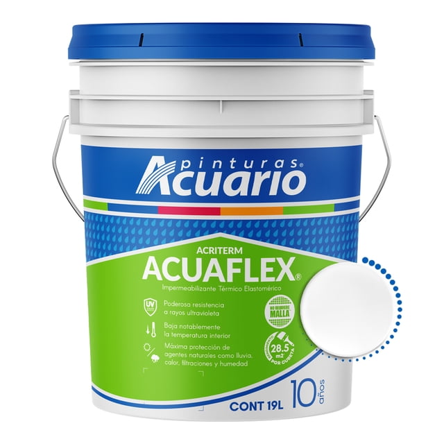 impermeabilizante pinturas acuario acriterm acuaflex 10 años 19 litros blanco pailón frontal de 19 L con tapa azul y asa metálica, etiqueta azul y verde con marca Pinturas Acuario y nombre ACUAFLEX; indica impermeabilizante térmico elastomérico, resistencia a rayos UV, alta resistencia a álcalis y rendimiento teórico 28.5 m2 (dos manos).