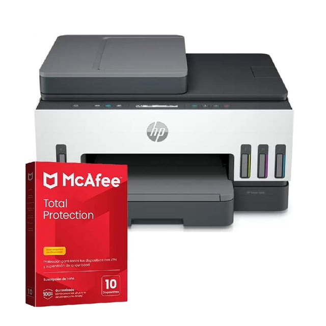 multifuncional hp 750 smart tank color y antivirus mcafee licencia digital Vista frontal de la impresora HP Smart Tank 750 en blanco con ADF sobre la tapa, bandeja de salida desplegada y tanques de tinta visibles a la derecha; caja roja de McAfee Total Protection que indica licencia digital de 1 año incluida.