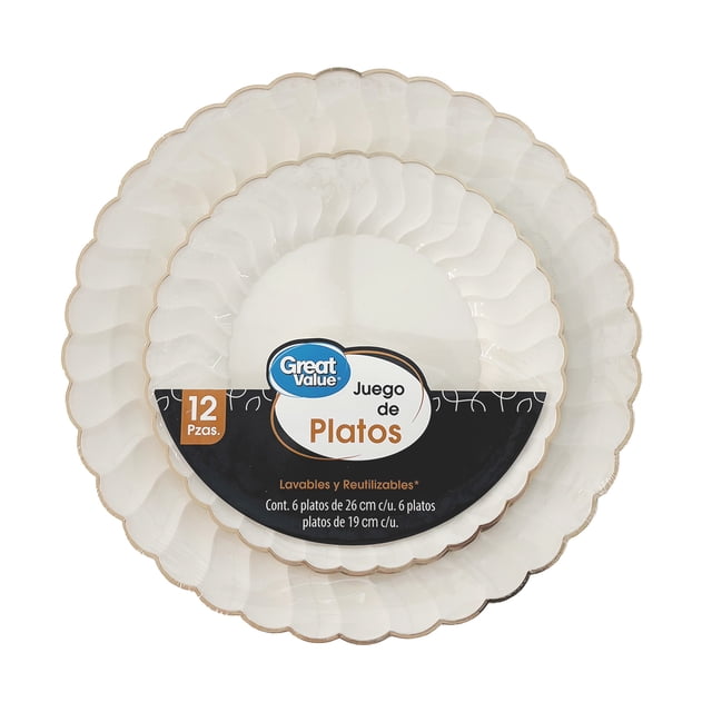 Juego de platos Great Value premium tono hueso contorno dorado 12 pzas