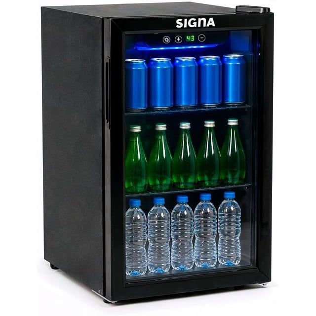 enfriador de bebidas frigobar compacto negro mini refrigerador de acero inoxidable ideal para espacios pequeños frigobar mini multifuncional mini nevera latas de refresco (48 litros) Frontal 3/4 de un frigobar negro con puerta de vidrio tintado y luz interior azul; tres estantes con latas, botellas verdes y botellas de agua, panel táctil con display de temperatura en la parte superior y patas niveladoras visibles, ideal para habitación, sala u oficina y también usado para enfriar bebidas en reuniones.