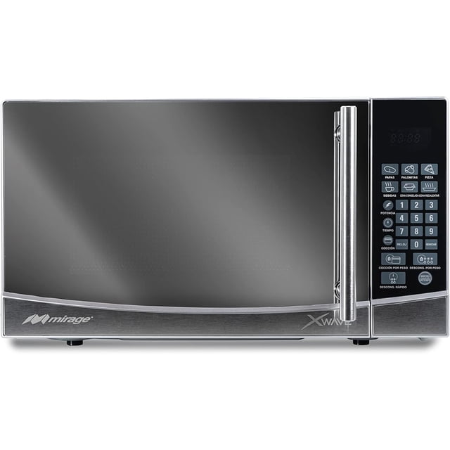 microondas mirage de 0.7 pies³ mwd020e silver espejo plateado, vista frontal centrada con puerta reflectante y manija vertical; panel táctil derecho con teclado numérico y botones de acceso rápido a 9 programas, funciones de descongelamiento y cocción por peso; medidas 45.2 x 26.1 x 36.7 cm.