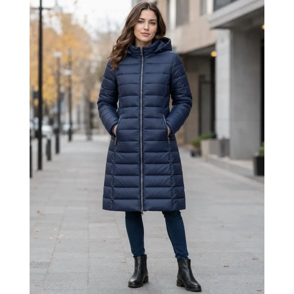 Chamarra Larga Acolchada para Mujer con Capucha y Cierre Completo - Abrigo Térmico de Invierno Azul Chica