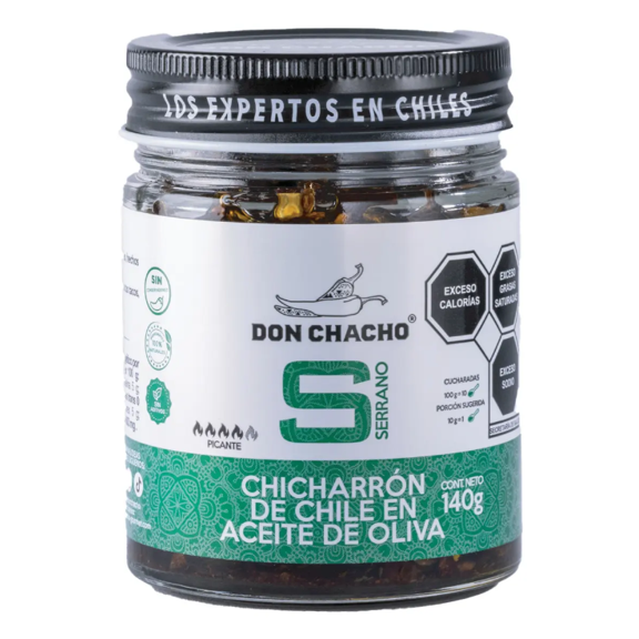 Salsa Chicharrón de Chile Serrano En Aceite de Oliva Don Chacho 140g Picante