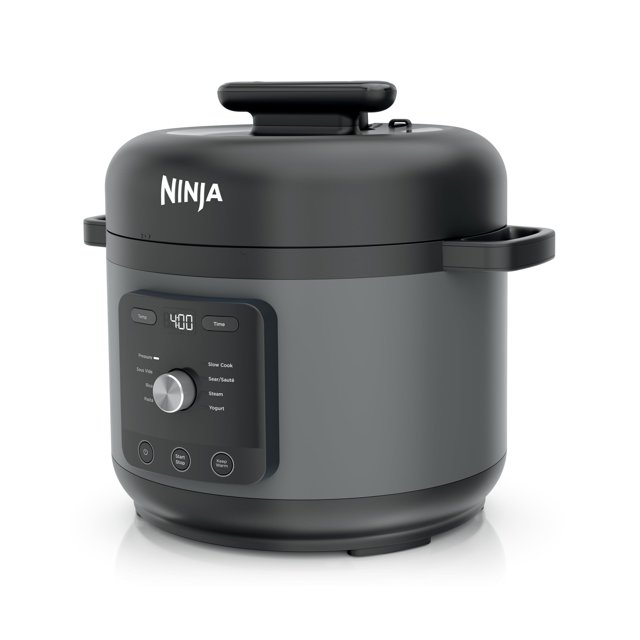 olla a presión ninja hyperheat 6.5l 9 en 1 1200w gris pc201gy vista frontal centrada de la olla eléctrica gris con asas laterales, tapa abovedada con asa superior y logotipo Ninja, panel frontal con pantalla digital y perilla; capacidad 6.5 cuartos y 1200 W, funciones 9 en 1 para presión, vapor, dorar, saltear, sous vide y yogur; la olla SimpliServe extraíble es adecuada para servir.