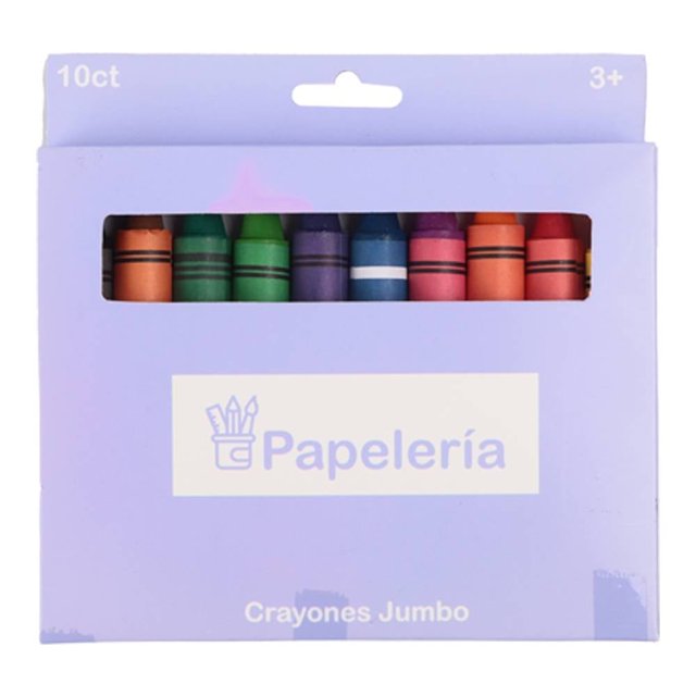 crayones jumbo prichos 10 piezas multicolor paquete frontal con 10 crayones jumbo visibles en tonos naranja, verde, morado, azul, rosa y rojo; caja lavanda con ventana rectangular, texto "Papelería" y leyenda "Crayones Jumbo", indicado 3+ años, diseño ancho para fácil agarre, uso escolar y artístico; también aptos para manualidades pequeñas.