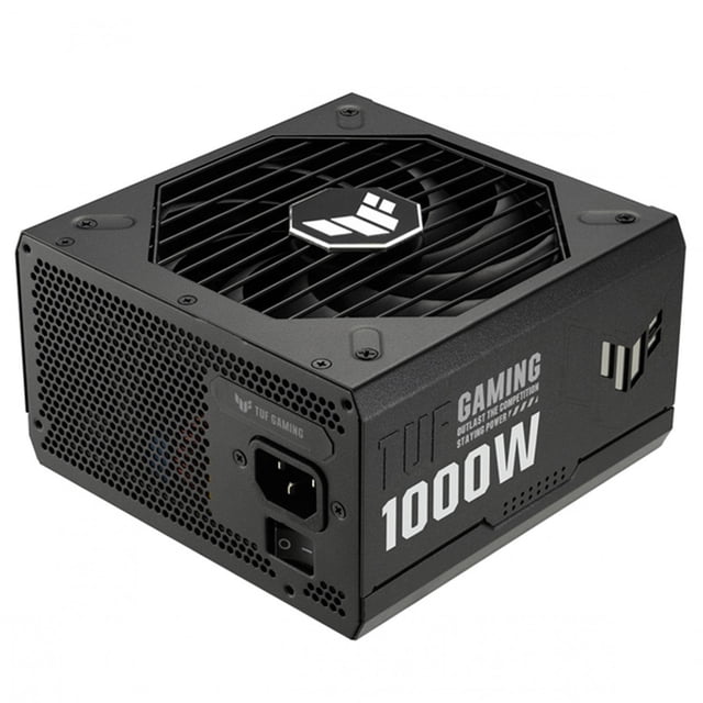 fuente de poder pc gamer 1000w asus tuf gaming 1000g 80 plus gold atx modular tuf-gaming-1000g Negro, vista 3/4 frontal de la fuente ATX con rejilla de ventilador superior y logo TUF en el centro; carcasa negra con texto lateral "1000W", conector de corriente y switch trasero; dimensiones 150 x 150 x 86 mm y peso 2.48 kg. Diseñada para entregar 1000W con eficiencia 80 Plus Gold; suele usarse también en rigs de streaming o estaciones de trabajo compactas.