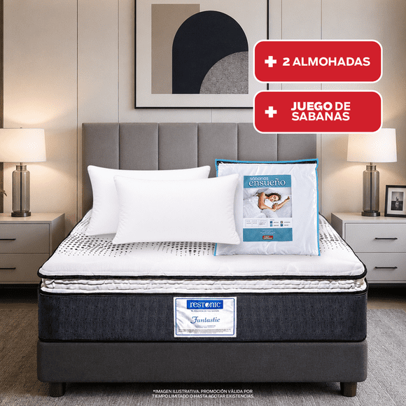 Colchon Restonic Fantastic Matrimonial + 2 Almohadas de Regalo + Juego de Sabanas Ensueño