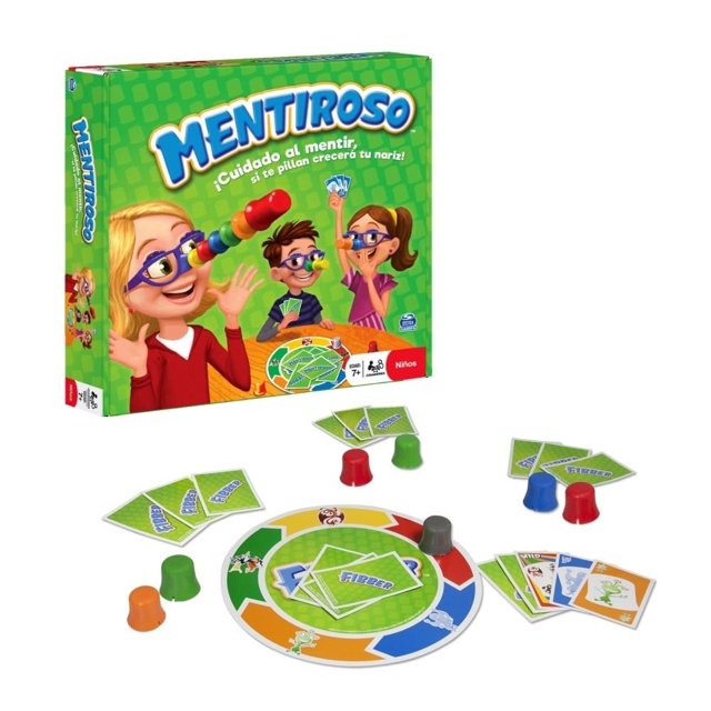 juegos de mesa spin master mentiroso caja verde y juego desplegado con tablero circular, cartas y cuatro campanas de colores; vista frontal 3/4 mostrando fichas y cartas repartidas, espacios del tablero en verde, azul, amarillo y naranja, diseñado para varios jugadores y partidas de estrategia que permiten mentir, ideal para juguetes y reuniones familiares.