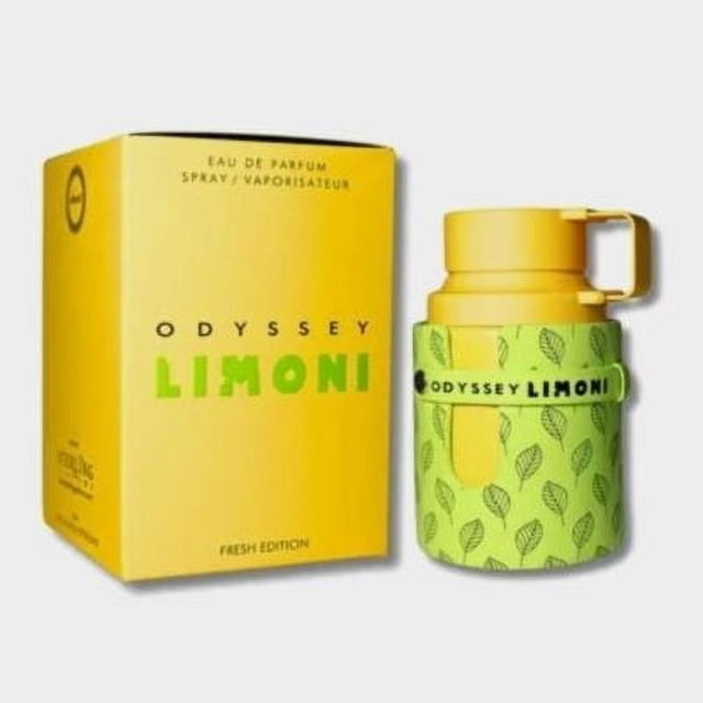 armaf odyssey limoni eau de parfum 100 ml. unisex Fresh Edition, caja amarilla con texto negro y verde junto a frasco multicolor amarillo y verde con patrón de hojas y anilla superior; presentación 100 ml, perfume fresco y vigorizante apto para hombres y mujeres.