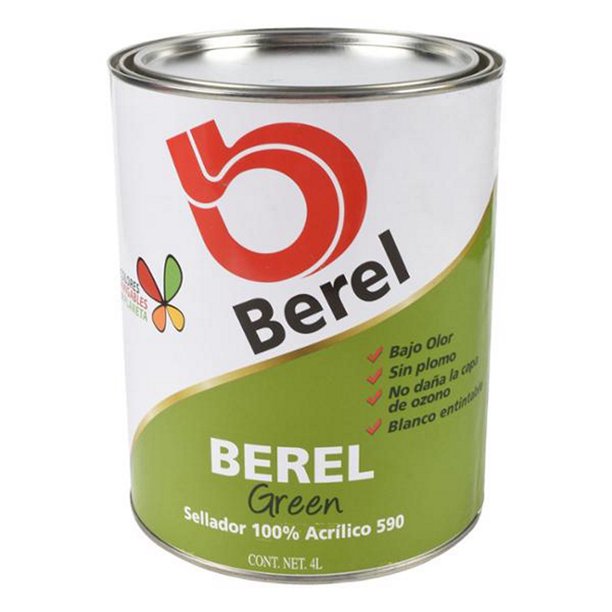 Sellador Acrílico BEREL Green 590 Blanco 4L | Interior/Exterior | Bajo Olor | Cero COV | Alta Resistencia Salitre
