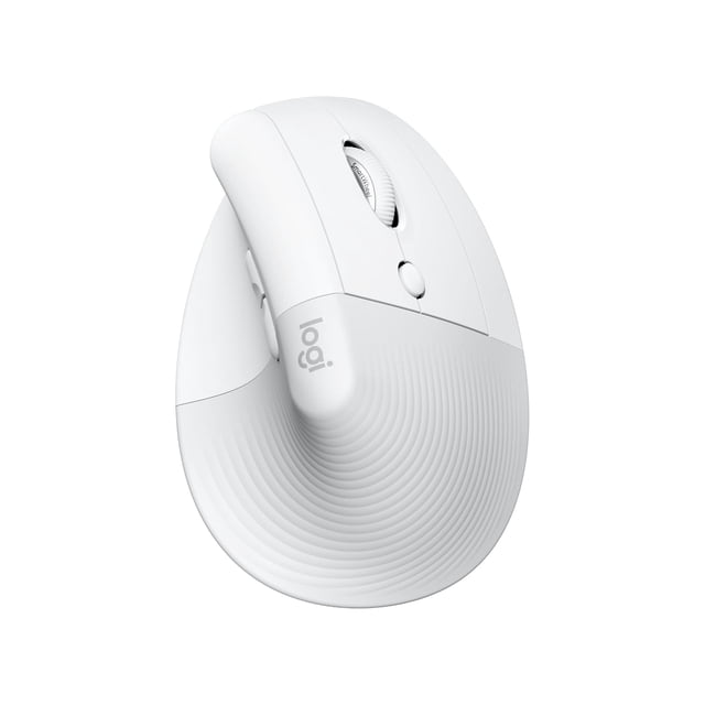 ratón ergonómico vertical inalámbrico logitech lift para mac Blanco — Vista frontal 3/4 del ratón con cuerpo curvado y reposamanos acanalado, rueda de desplazamiento silenciosa, clic visible y botón lateral, logotipo 'logi'; compatible con Mac por Bluetooth y diseñado para agarre natural de manos pequeñas a medianas.
