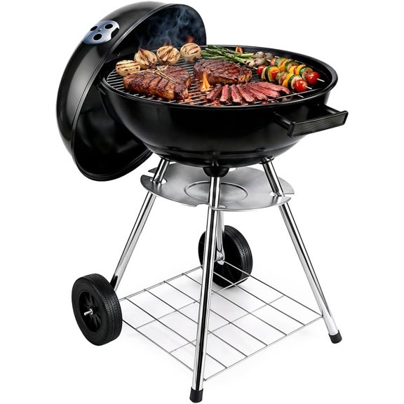 Parrilla BBQ Asador De Carbon Redonda Para Carne Asada Anafre Parrilla De Carbon Con Rejilla Facil De Limpiar Compacto De Acero Inoxidable (NEGRO)