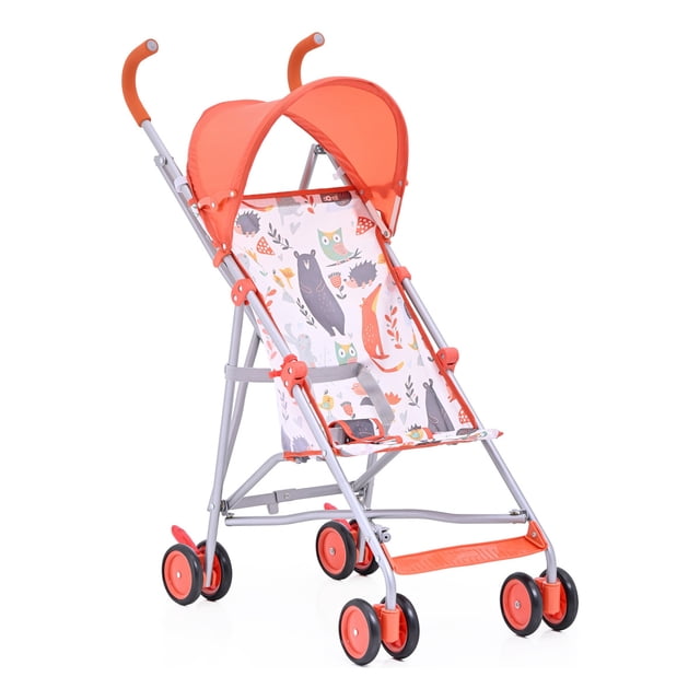 carriola de baston prinsel trip ligera naranja, vista 3/4 frontal con armazón plateado y asiento estampado de animales en naranja y gris; techo extendible, empuñaduras plásticas curvas naranja, cinturón de seguridad, ruedas dobles con freno trasero, descansapiés y cierre tipo sombrilla; medidas 92×72×41 cm, peso 6 kg. Suele usarse también para viajes cortos y salidas rápidas con niños de 1 a 3 años.