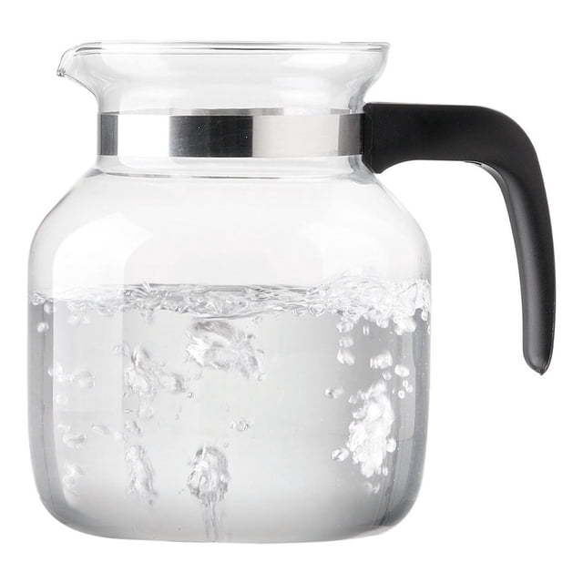 jarra vidrio 1.4 l + tapa calentar agua cocina hogar pyrorey pyr o rey 1801487 Jarra de vidrio transparente 1.4 L con tapa y asa negra de plástico, cuerpo redondeado, pico vertedor y anillo metálico bajo la boca; agua hirviendo visible en el interior, diseñada para calentar y servir bebidas calientes o frías, a menudo usada también para infusionar té.