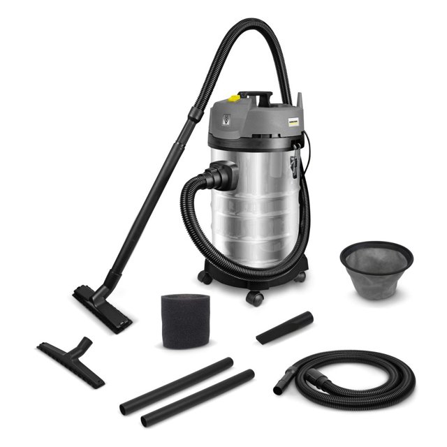 nt 30/1 *mx Aspiradora Karcher para seco y húmedo de uso profesional, vista frontal centrada del equipo compacto con tanque cilíndrico y tapa gris sobre ruedas; accesorios incluidos visibles: manguera en espiral, tubo rígido en tres piezas, boquilla ancha para piso, boquilla estrecha, filtro de espuma y accesorio tipo bolsa. A menudo usada para limpieza en talleres y vehículos.