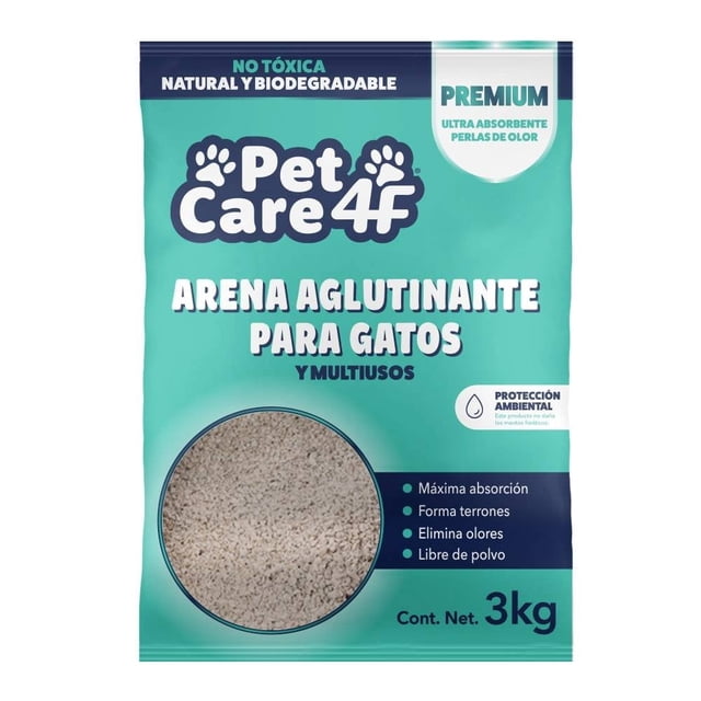 arena para gato petcare4f premium aglutinante y multiusos 3 kg bolsa frontal verde menta con logo PetCare4F; vista centrada que muestra ventana circular con gránulos beige, texto en empaque que indica forma terrones, elimina olores y sin polvo, adecuada para arenero doméstico.
