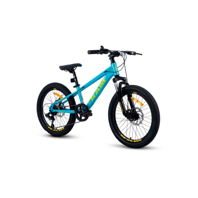 bicicleta de montaña rebel, r 20 azul cielo Bicicleta MTB rodada 20" para niños en azul cielo con acentos amarillo, cuadro de aleación de acero inoxidable, suspensión delantera 40 mm, 6 velocidades y frenos de disco mecánico; vista 3/4 lateral derecha sobre fondo blanco con llantas negras y stickers amarillos. A menudo usada para paseos recreativos en colonia o bosque.