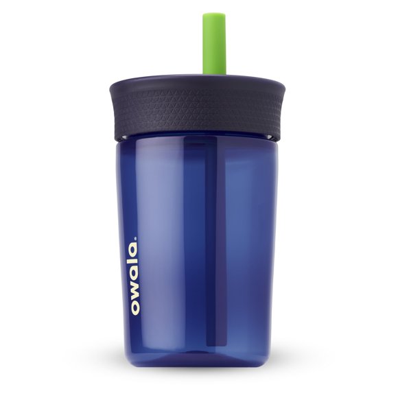 Vaso térmico de plástico libre de BPA Owala Kids 450 mL con popote, azul marino/azul