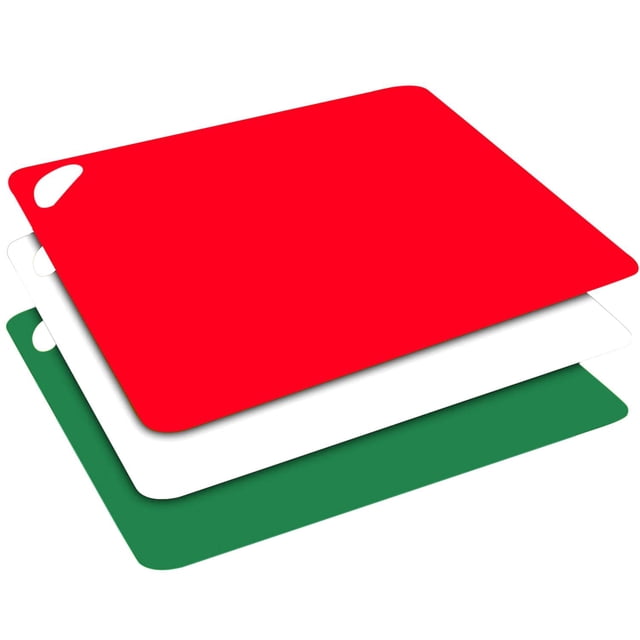 juego de tablas de cocina para picar alimentos de plástico 3 piezas colorboard3 colorhome set apilado en vista 3/4 con tablas planas rojo, blanco y verde, esquinas redondeadas y orificio para colgar; también suele usarse para separar alimentos o servir bocadillos.