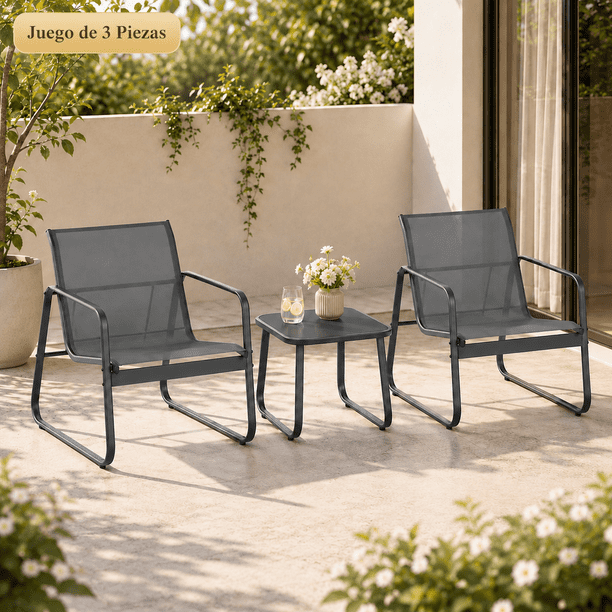 Zocalo Juego de Muebles de Exterior 3 Piezas, 2 Sillones y Mesa Auxiliar de Acero, Sillas con Tela Transpirable, Resistente al Agua y UV, Set para Jardín, Terraza y Patio, Color Negro