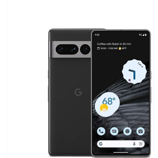 google pixel 7 pro 128gb negro vista 3/4 con frontal y posterior visibles; pantalla OLED de 6.7" QHD+ con widgets y barra de navegación, bordes delgados, carcasa negra mate con franja metálica horizontal que integra el módulo triple de cámaras traseras (50MP principal, 12MP ultra‑gran angular, 48MP telefoto con zoom óptico 5x) y logo G en la parte trasera.