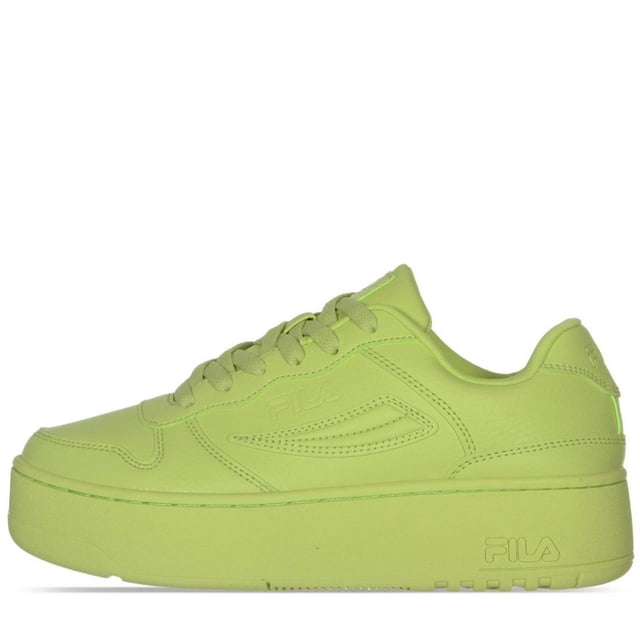 tenis fila mgx-115 para mujer 5cm02137-300 verde lima 25 perfil lateral, zapatilla deportiva para mujer con plataforma de 5 cm, acabado monocromático verde lima, puntera redondeada, cordones planos, costuras visibles y logo FILA en costado y talón; suela de plataforma continua, suelen usarse para looks urbanos y uso diario.