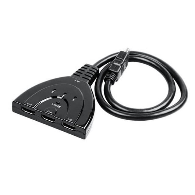 colomx 3 puertos hdmi switch conmutador selector de la caja de hub splitter con 55 cm de cable de hdmi para hdtv / ps3 / 360 (negro) conmutador HDMI triangular negro, vista frontal con carcasa de plástico, tres entradas HDMI hembra IN1–IN3, LEDs de estado y botón Select; salida por cable HDMI fijo de 55 cm enrollado. Conecta hasta 3 fuentes HDMI a un puerto HDTV y suele utilizarse para alternar consolas o reproductores en un centro de entretenimiento.