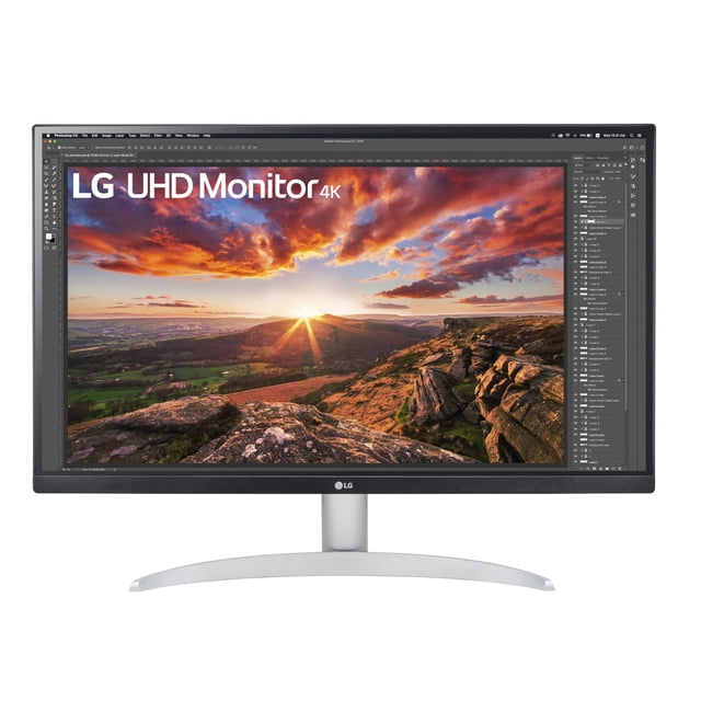 monitor de ordenador lg 27up600-w ultrafine 4k uhd de 27 pulgadas. Vista frontal centrada del monitor LG 27UP600-W en blanco de 27 pulgadas con pantalla IPS 4K mostrando un paisaje HDR, bisel estrecho, soporte arqueado plateado y logo LG en el marco; incluye puertos HDMI y DisplayPort y ofrece cobertura DCI‑P3 95% y VESA DisplayHDR 400, adecuado para edición fotográfica y gaming.