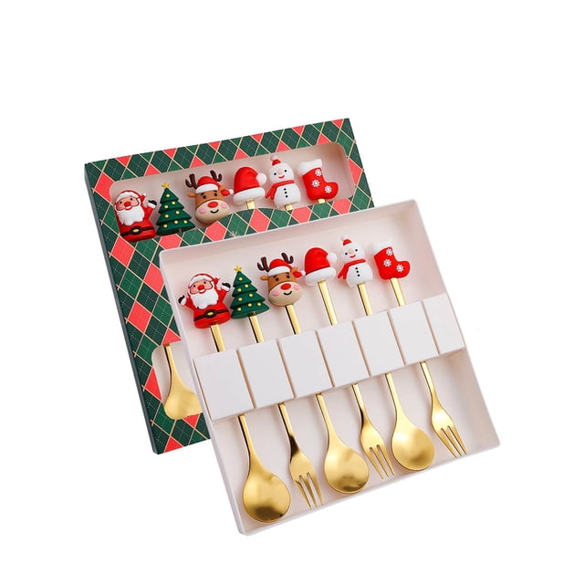 Juego de cuchara y tenedor de postre navideño con bonitos colgantes navideños | Vajilla de acero inoxidable para cócteles y fiestas | Caja de regalo de 6 piezas con adornos de botas, ciervos