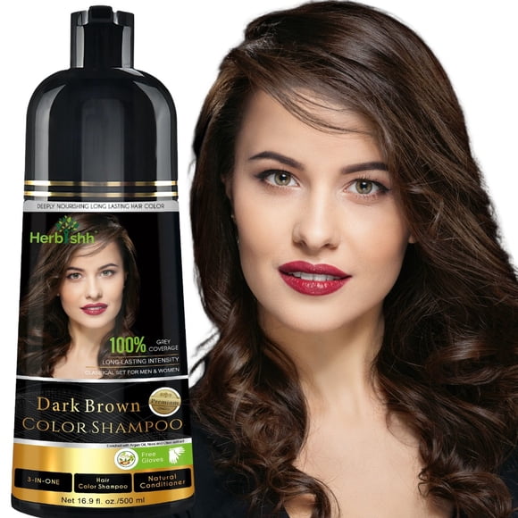 Herbishh - Champú colorante para cabello, champú con tinte natural para el cabello, colorea el cabello en minutos, dura hasta de 3 a 4 semanas, 500 ml, tinte de cabello 3 en 1, sin amoniaco | (marrón oscuro)