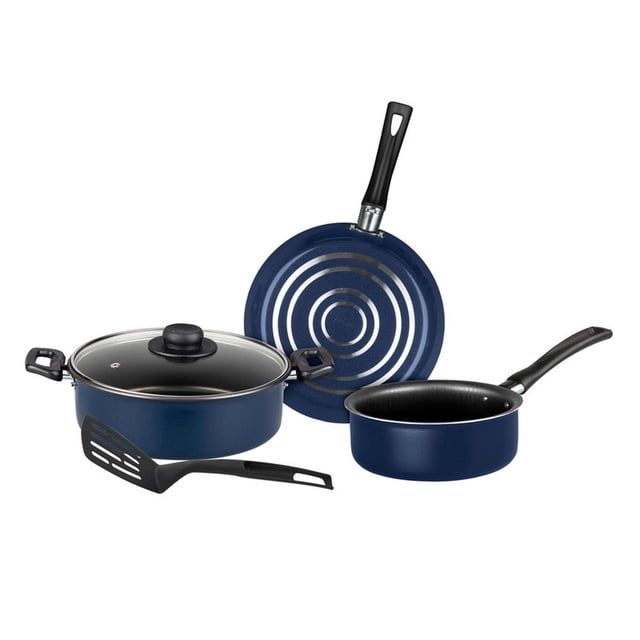batería de cocina deleite 5 piezas antiadherente azul set Deleite con cacerola 22 cm y tapa de vidrio, sartén 18 cm, cazo 16 cm y volteador; exterior azul, interior negro antiadherente, mangos ergonómicos resistentes al calor, apta para estufa de gas, vitrocerámica y eléctrica; ideal para preparar porciones individuales en casa o en viajes cortos.
