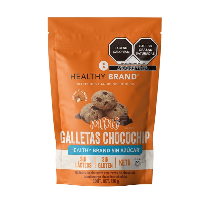 galleta chocochip keto mini 126 g healthy brand sin gluten sin azucar sin lacteos sin soya Paquete frontal de Healthy Brand de 126 g, bolsa naranja resellable con foto de galletas mini de harina de almendra con trozos de chocolate semiamargo; etiquetas visibles: sin lácteos, sin gluten, sin azúcar, keto, kosher; fondo blanco. Apta también como snack portátil para loncheras o viajes cortos.