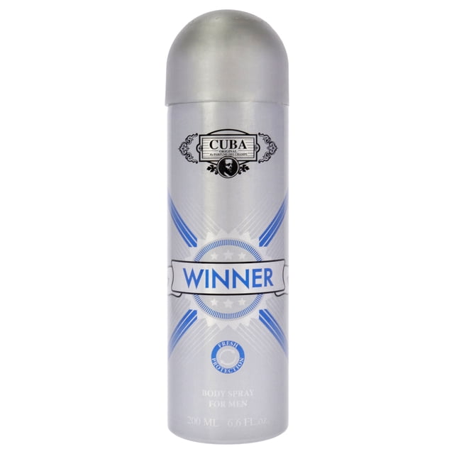 cuba winner de cuba para hombres - spray corporal de 6.6 oz bote cilíndrico plateado, vista frontal centrada. Logotipo 'CUBA' en la parte superior, banda central blanca con 'WINNER' en letras azules y motivos geométricos azules, tapa plateada redondeada; texto inferior muestra 200 ml (6.6 fl. oz).