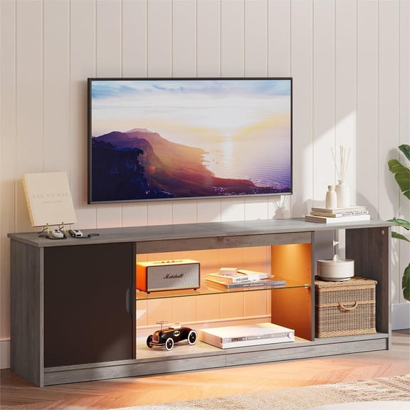 Mueble TV LED PS5 Centro Juegos, Estante Vidrio Ajustable, 65 pulgadas, Gris, Pinmoco B-GRYW, 20kg