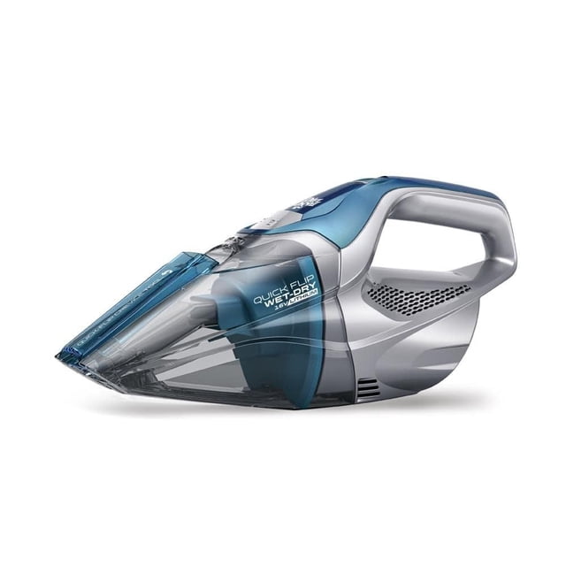 aspiradora manual inalambrica wet dry dirt devil Aspiradora de mano Dirt Devil QuickFlip 16V inalámbrica, vista 3/4 frontal con boquilla translúcida azul y depósito XL transparente (capacidad 16.9 oz según ficha), cuerpo gris plateado con asa superior y rejilla de ventilación, herramienta de crevicio QuickFlip integrada en la punta para limpiar grietas y esquinas; adecuada para limpieza automotriz y recogida de derrames húmedos y secos.