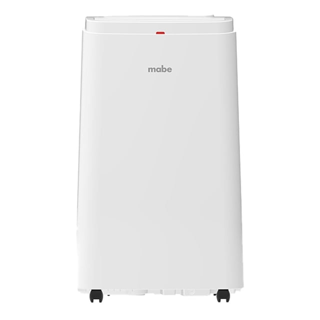 aire acondicionado mabe portátil on off solo frío 1 tonelada (12,000 btu's) 110v ptm12cabwjm2 blanco, vista frontal centrada de unidad portátil con silueta rectangular y rejilla superior visible, logo Mabe en el frente, ruedas inferiores visibles; 12,000 BTU, sólo frío, display LED, control remoto y filtros de alta densidad según ficha.